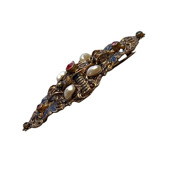 Antique Edwardian Czech Glass Filigree Pearl Ruby Sapphire Stone Brooch - Picture 7 of 9